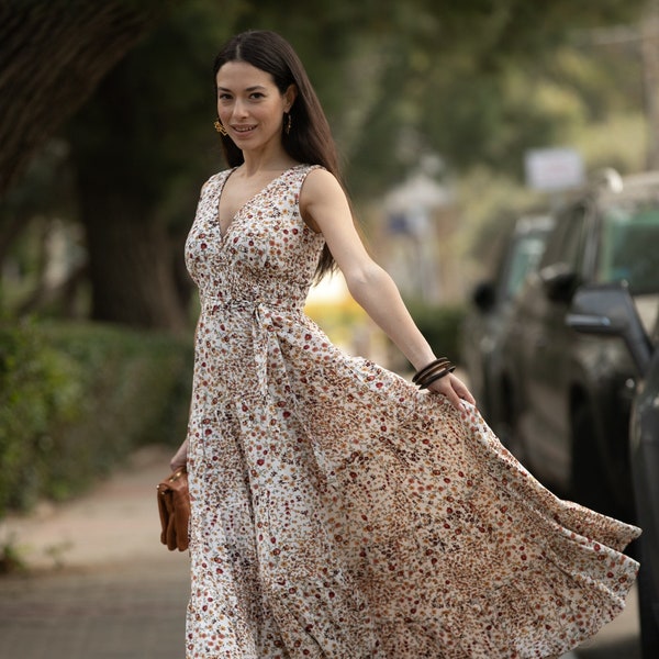 Cream Floral Maxi Dress, Urban Casual & Special Occasion Summer Dress, Bohemian Long Carrie Dress, Fit and Flare Empire Waist Dress