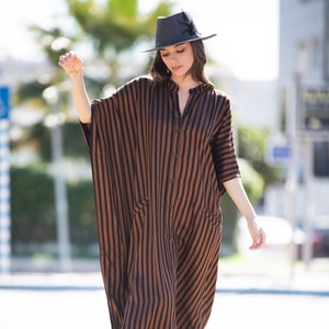 Brown Black Striped Oversize Summer Kaftan Dress, Bohemian Trendy Buttoned Down Caftan Maxi Dress with Pockets image 1