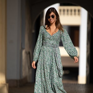 Green Floral Boho Chic Winter Wrap Dress, Long Balloon Sleeve Maxi Dress, Women&#39;s Empire Waist Tie Around Dress