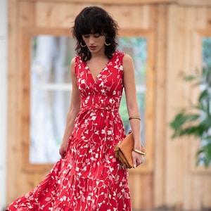Dark Red Floral Boho Chic Summer Maxi Dress, Women Empire Waist Sundress, Every-Day / Special Occasion Sleeveless Ruffle Carrie Dress image 1
