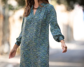 Green Blue Puffed Sleeves Knee Length Shirt Dress, Belted Oversize Short Men's Shirt Straight Fit Tunic Dress, 'Mona' Dress with Pockets