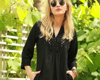 Black & Gold Tunic Dress with 3/4 Sleeves for Women, Embroidered Loose Black Cotton Winter Dress