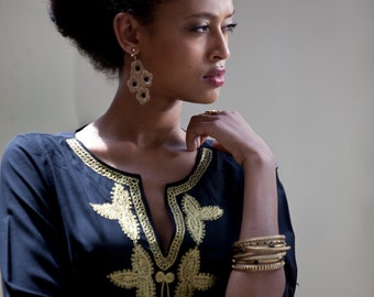 Boho Short Black and Gold Caftan, Black Moroccan Caftan, Gold Embroidery, Moroccan Kaftan Dress, Tunic Dress, Hippie Ethnic Woman's Dress