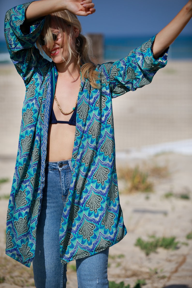 Colorful Blue Boho Chic Lightweight Double-Sided Kimono Cardigan, Autumn Reversible Cover-Up, Casual Flare oversize jacket, Wide Sleeve Robe image 8