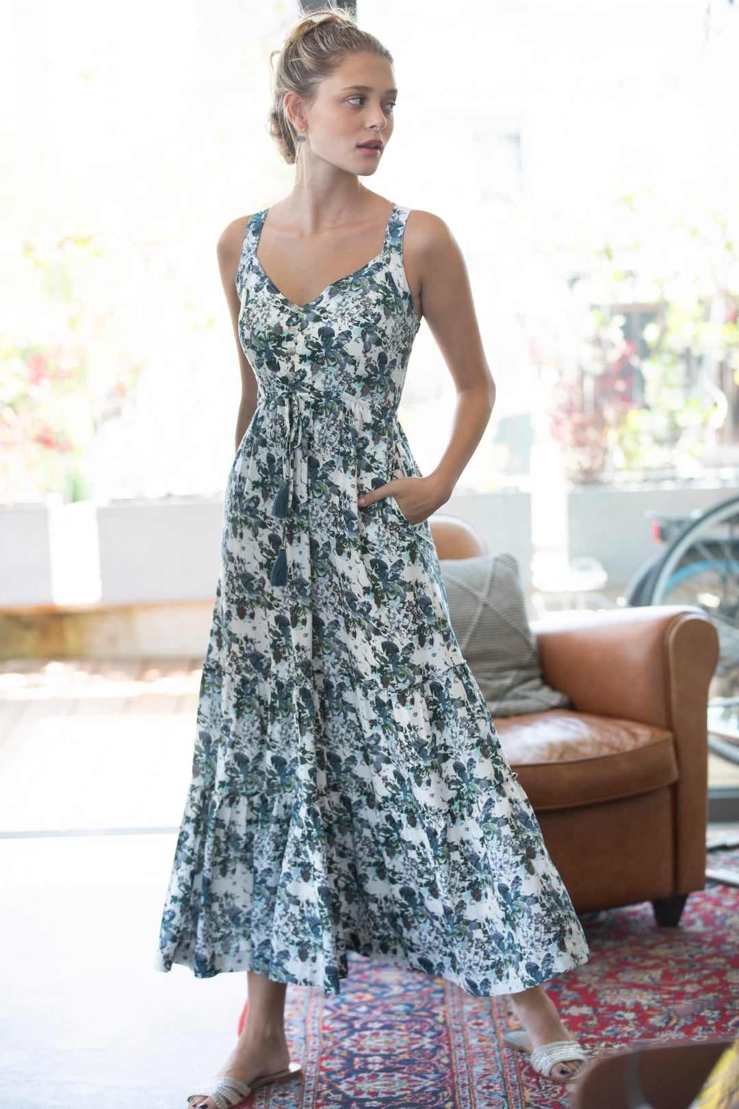 Rayon Printed A Line Full Sleeve Maxi Dress