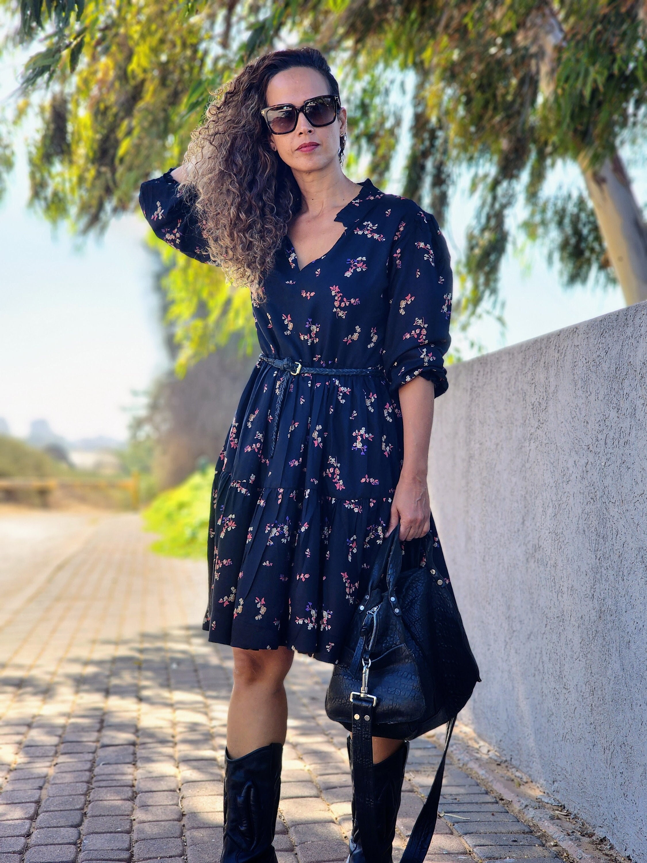 Black Floral Knee Length Long Sleeves Winter Dress V neck Dress Loose Tiered Boho Chic lorie Dress Women s Formal Dress Etsy UK