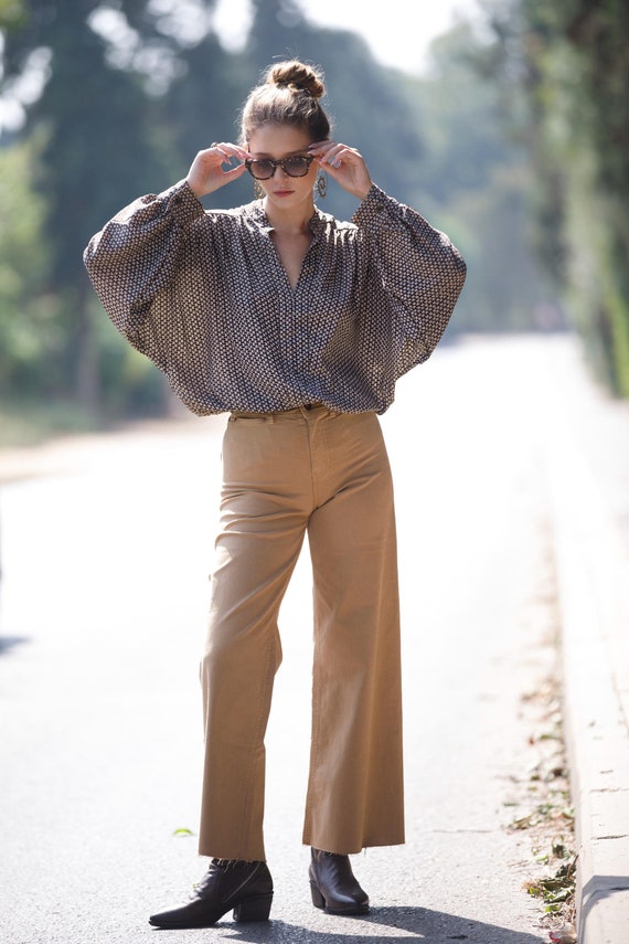 Boho Chic Balloon Sleeve Blouse: Brown-gold Cropped Shirt - Etsy