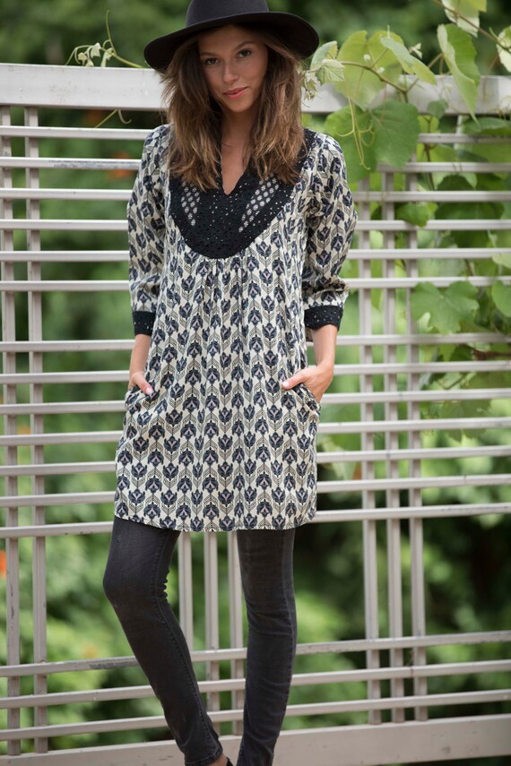 ladies tunic dress Boho Chic Black & Cream Dress, Embroidered Women Tunic Top Bohemian Wedding