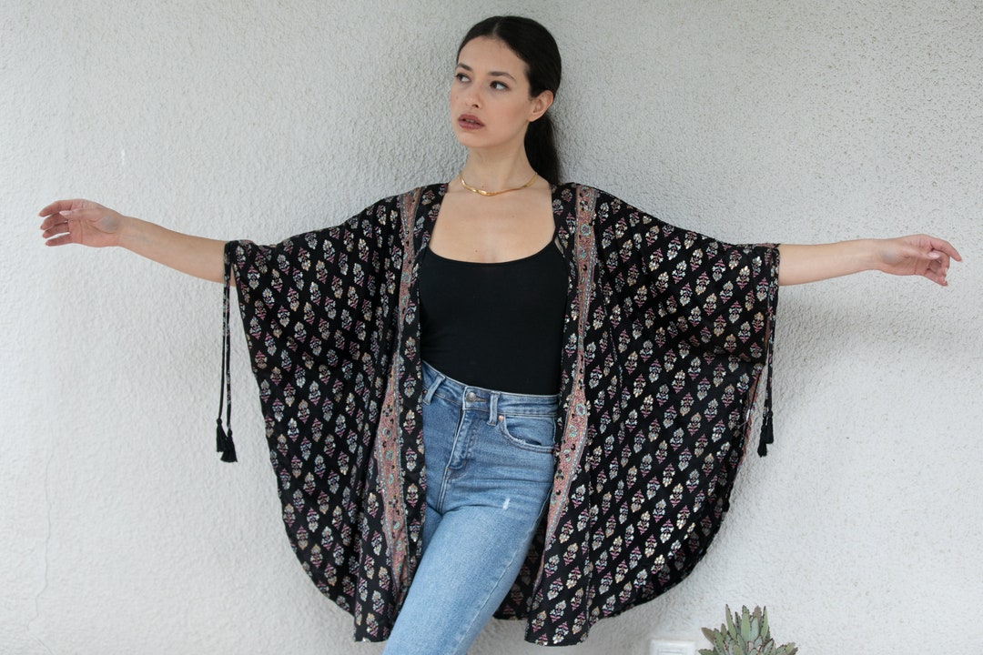 Women's Evening Black & Gold Sparkly Kimono Jacket, Special Occasion