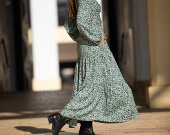 boho rayon dresses Green Floral Rayon Maxi Dress: Boho Chic Wrap Dress