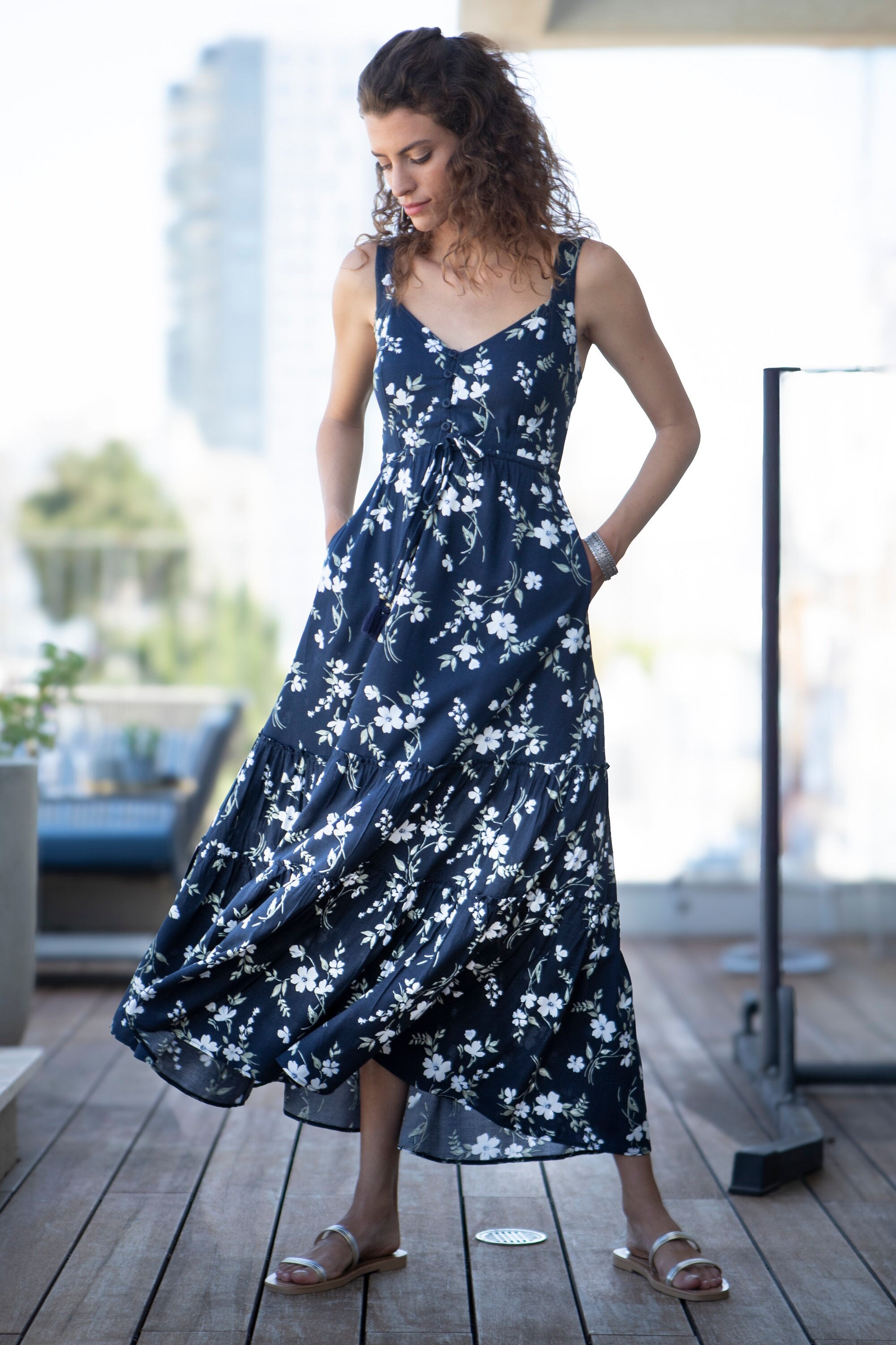 Dark Blue Floral Bohemian Summer Mid-Calf Dress, Sleeveless "Isabella" Circle Dress with Pockets, Fit and Flared High Waist Sundress