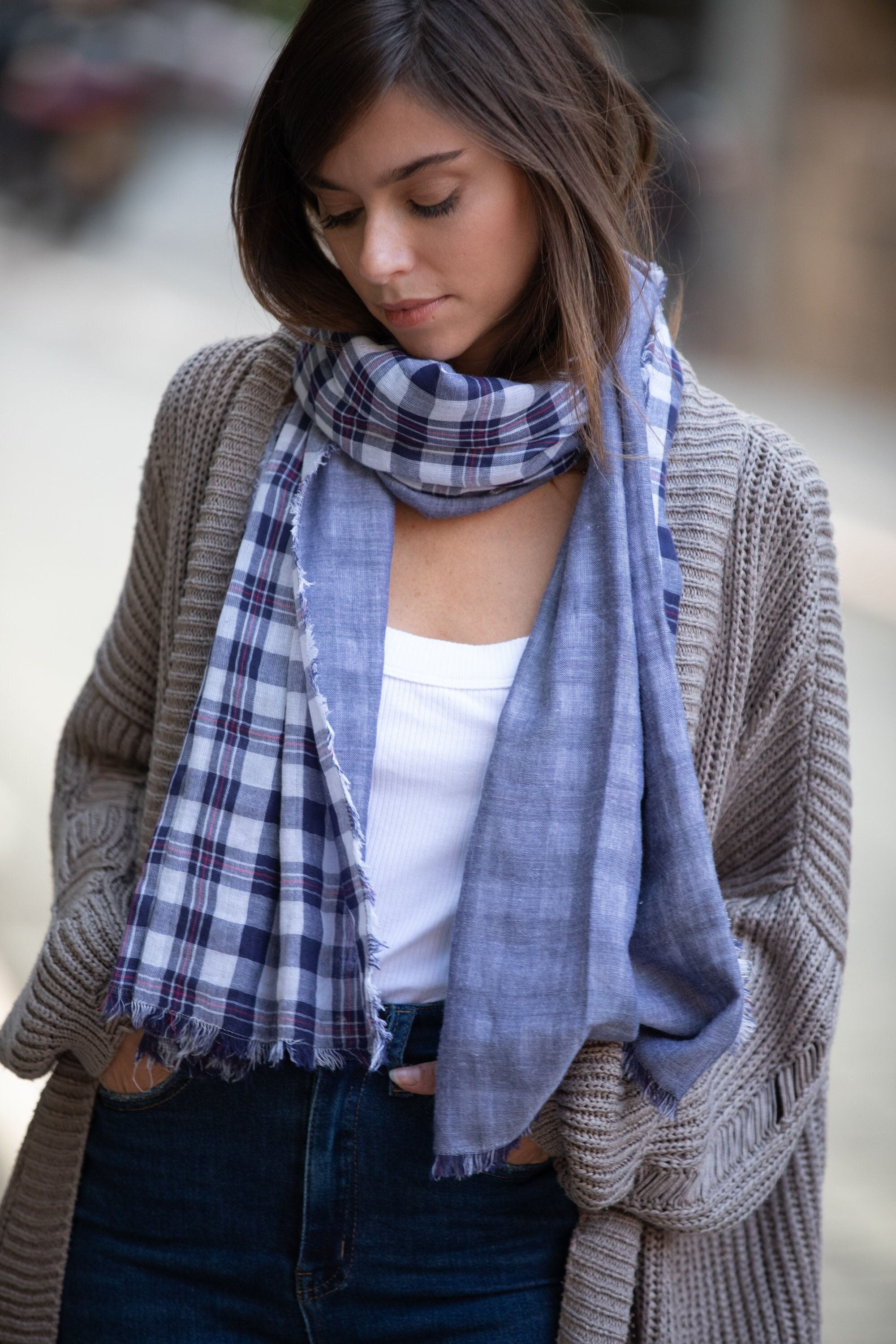 Double Sided Warm Denim Blue Plaid Urban Scarf Chunky Women - Etsy