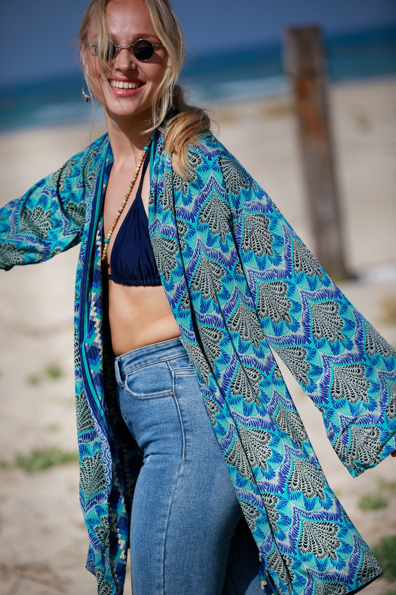 Colorful Blue Boho Chic Lightweight Double-Sided Kimono Cardigan, Autumn Reversible Cover-Up, Casual Flare oversize jacket, Wide Sleeve Robe image 2