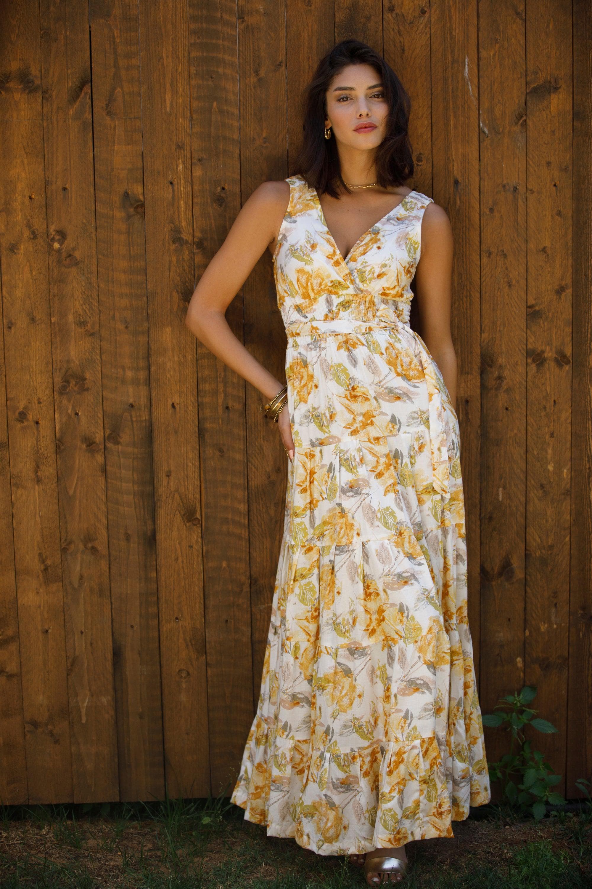 Floral Rayon Maxi Dress: Cream & Brown Fit and Flare