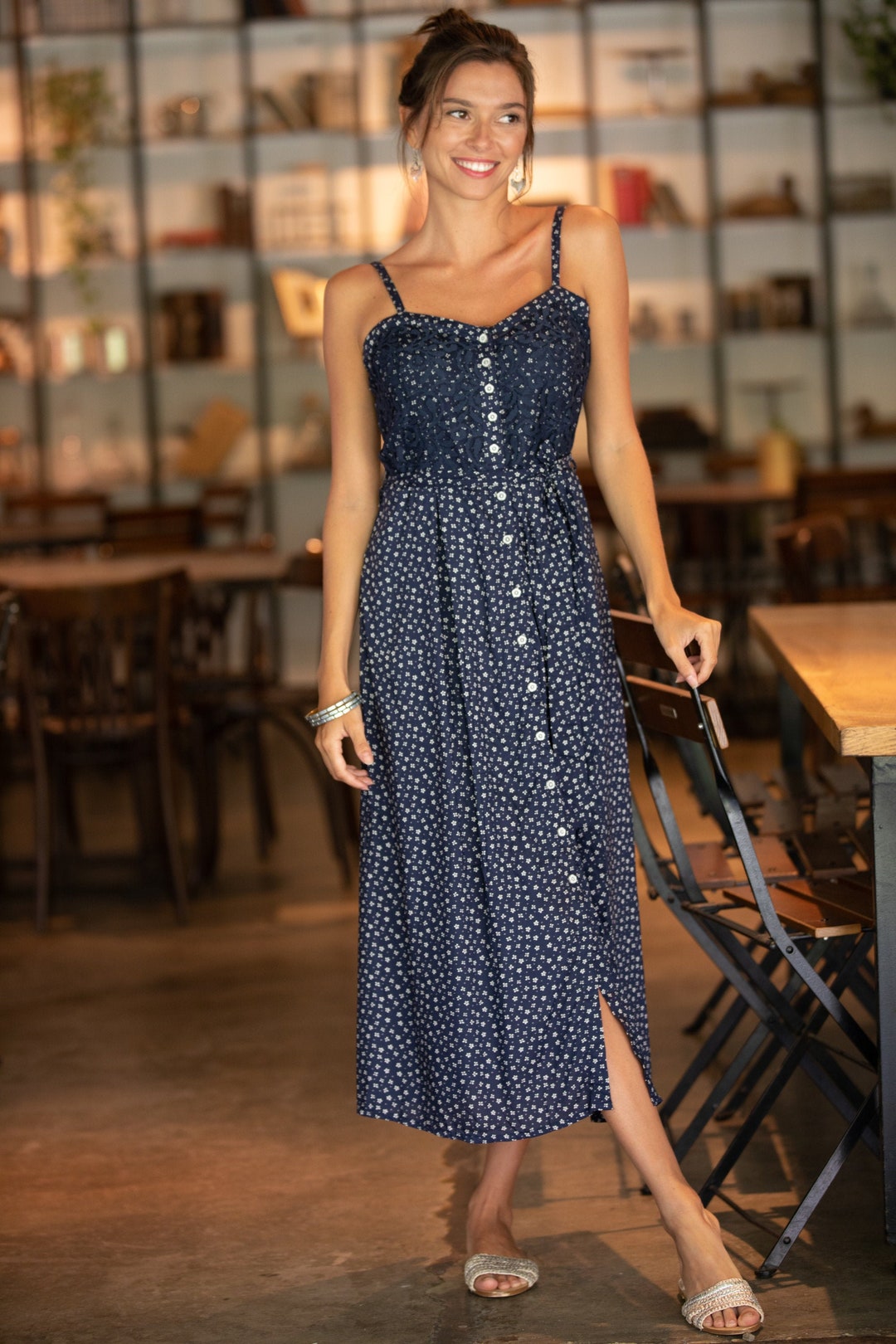 Dark Blue Pin up Sweetheart Summer Dress, Lace Embroidery Mid-calf Tea ...