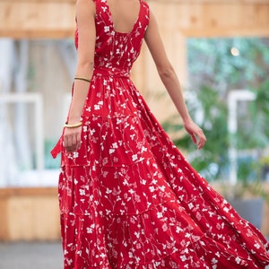 Dark Red Floral Boho Chic Summer Maxi Dress, Women Empire Waist Sundress, Every-Day / Special Occasion Sleeveless Ruffle Carrie Dress image 10