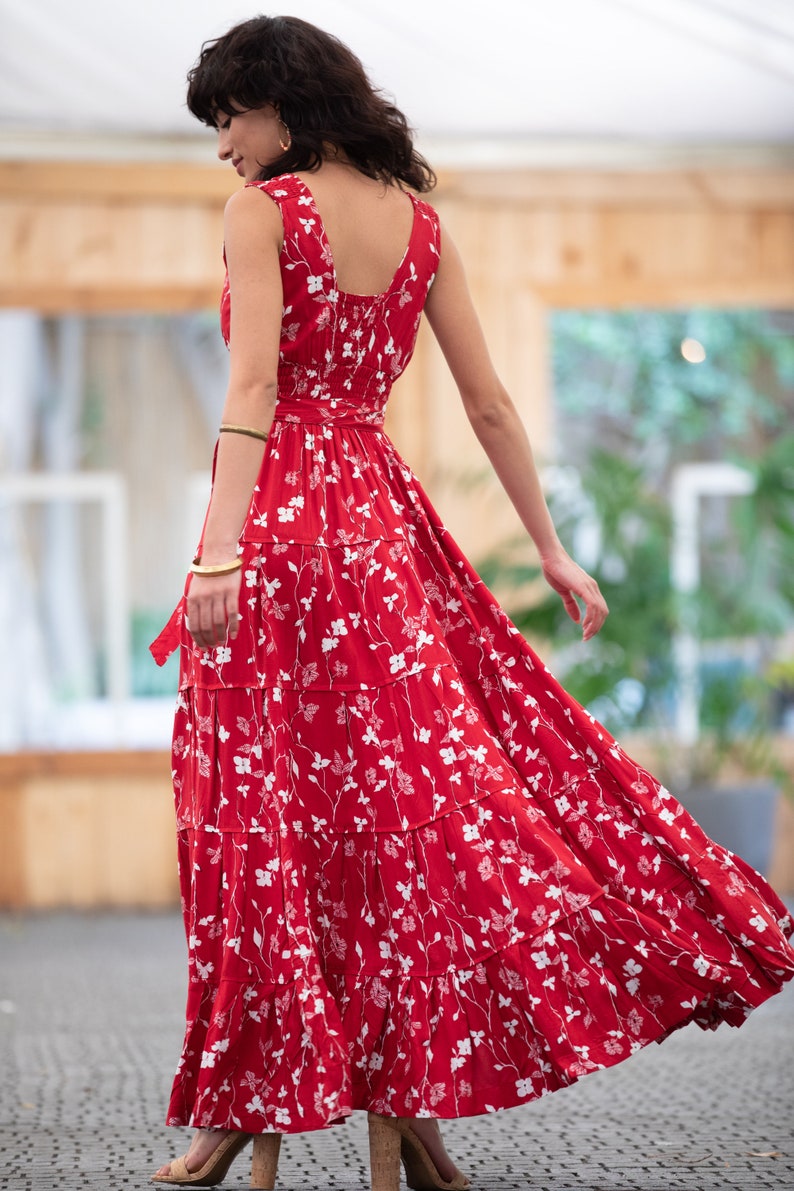 Dark Red Floral Boho Chic Summer Maxi Dress, Women Empire Waist Sundress, Every-Day / Special Occasion Sleeveless Ruffle Carrie Dress image 10