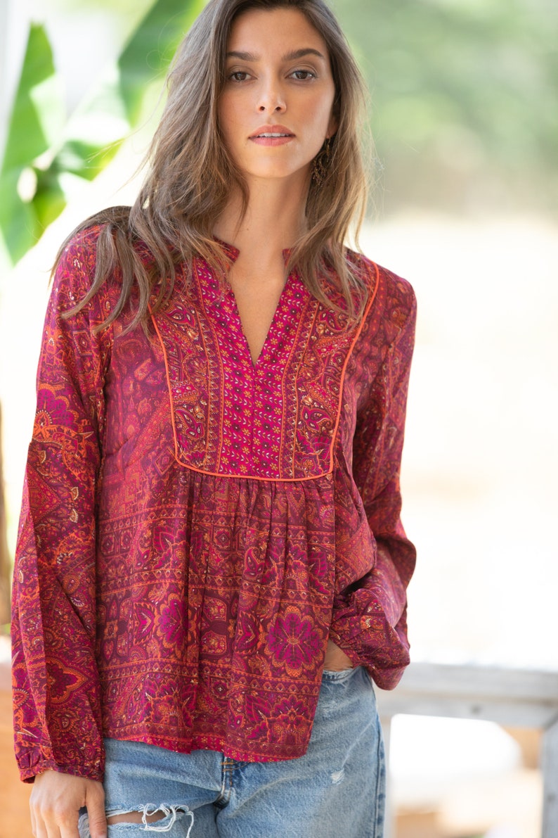 Red Bordeaux Bohemian Ethnic Puffed Sleeves Oversize Top for Women, Long Sleeves Paisley Print Blouse image 5