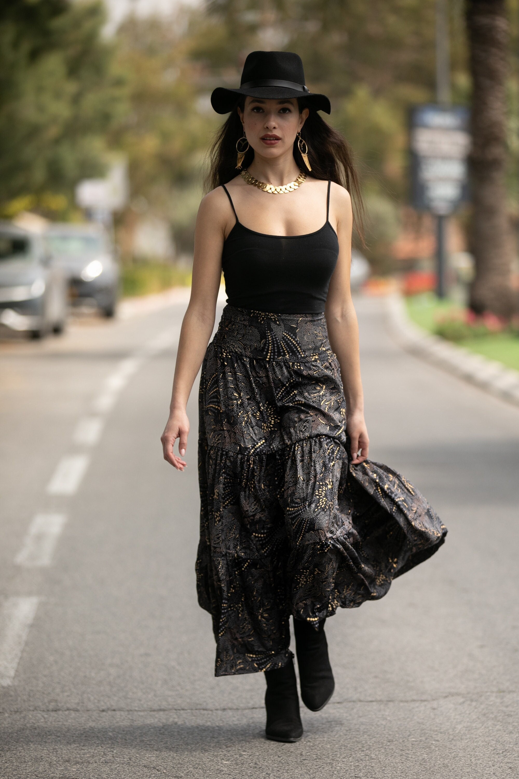 Gonna Midi Boho Donna A Vita Alta - Motivo Floreale - Orlo Ondulato - Taglie XS-L - GORGLITTER