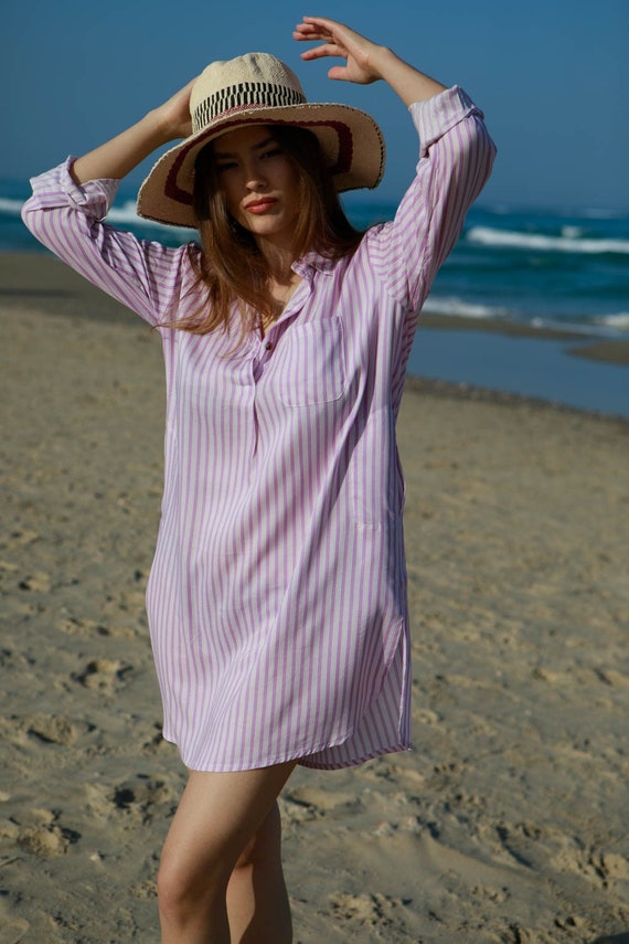 linen shirt dress beach cover up Lavender Striped Rayon Beach Cover-up: Oversized Shirt Dress