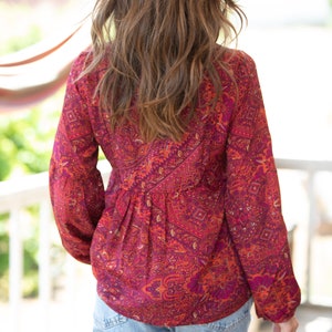 Red Bordeaux Bohemian Ethnic Puffed Sleeves Oversize Top for Women, Long Sleeves Paisley Print Blouse image 3