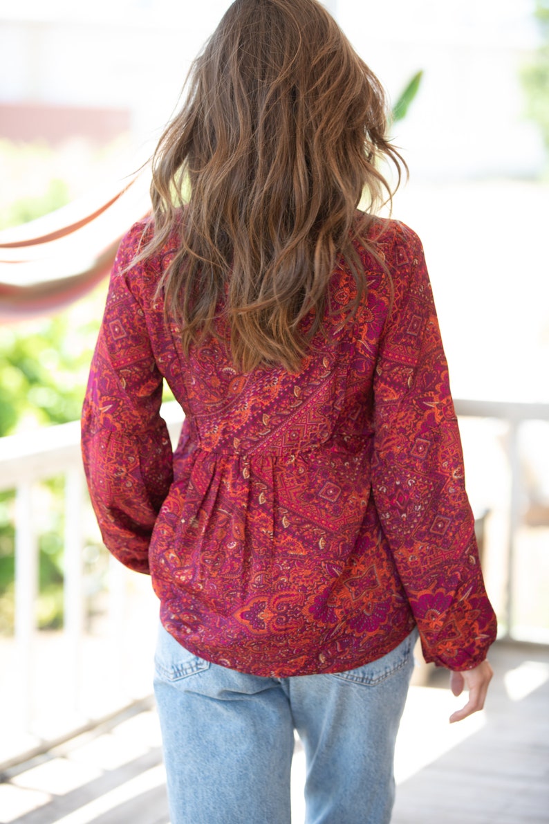 Red Bordeaux Bohemian Ethnic Puffed Sleeves Oversize Top for Women, Long Sleeves Paisley Print Blouse image 3