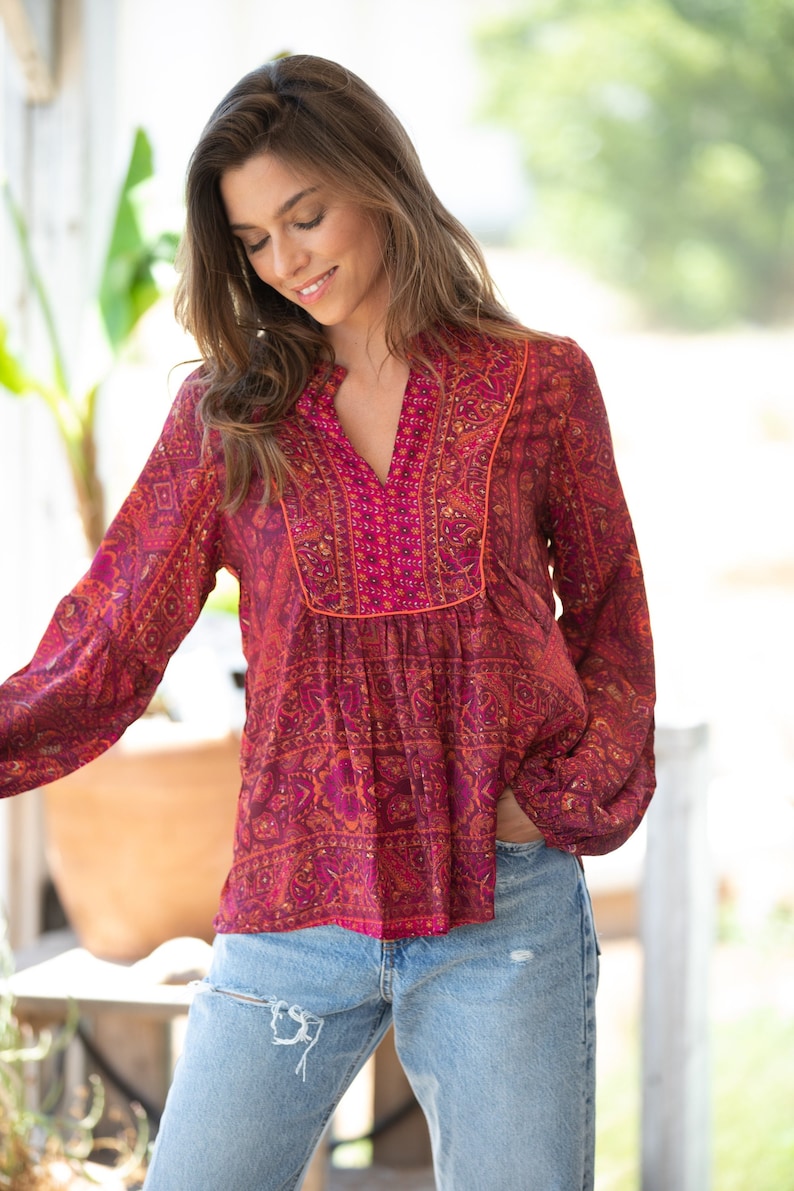 Red Bordeaux Bohemian Ethnic Puffed Sleeves Oversize Top for Women, Long Sleeves Paisley Print Blouse Red