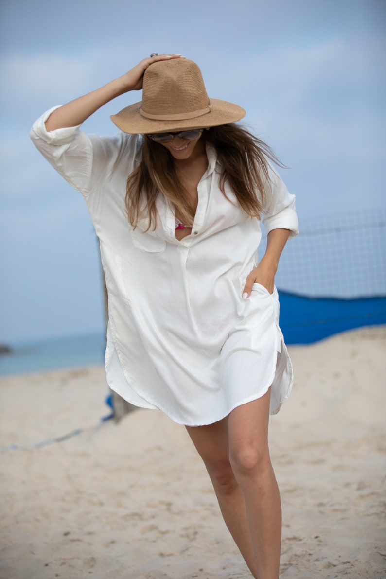 Cream Beach Tunic Dress, Long Sleeves Cover Up Dress, Shirt Collared Dress for Women, Vacation Resort Long Sleeves Dress image 2