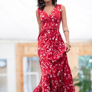 Dark Red Floral Boho Chic Summer Maxi Dress, Women Empire Waist Sundress, Every-Day / Special Occasion Sleeveless Ruffle Carrie Dress image 3