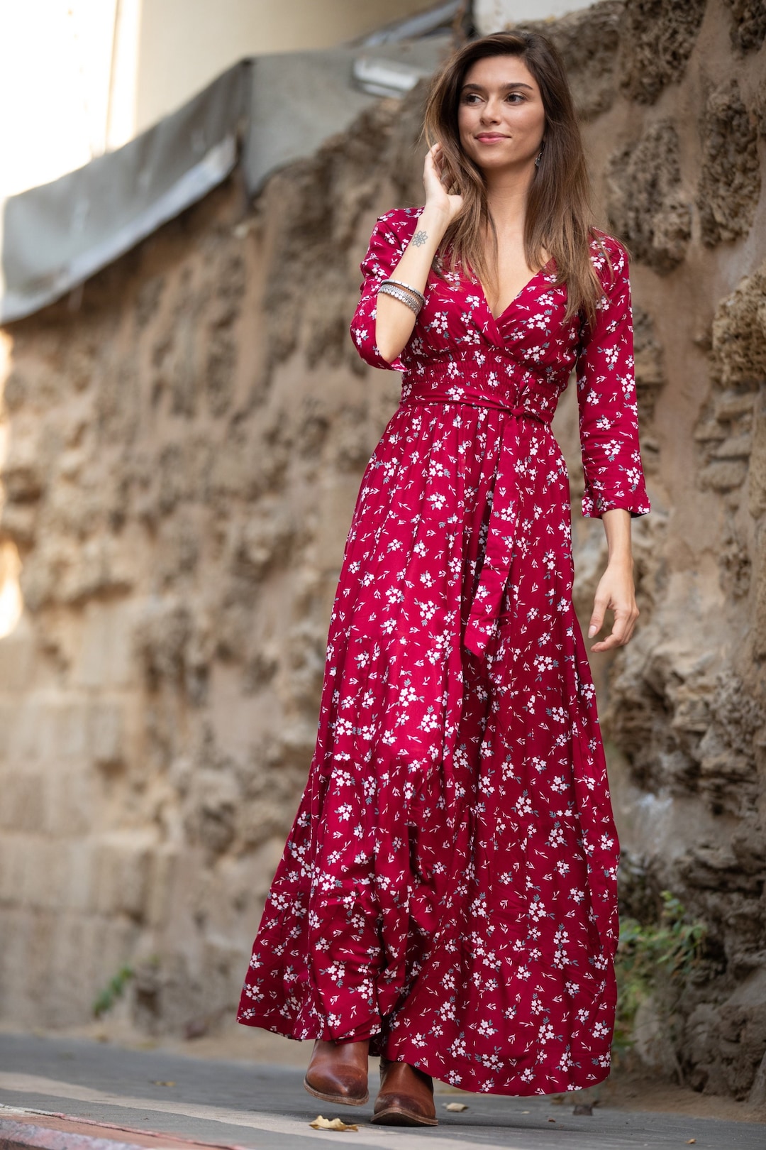 Cherry Red Winter Maxi Dress for Women Floral Boho Chic Maxi - Etsy