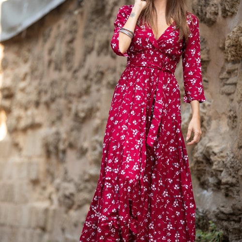 Cherry Red Winter Maxi Dress for Women Floral Boho Chic Maxi - Etsy