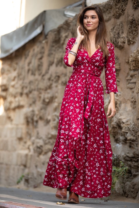 Cherry Red Winter Maxi Dress for Women, Floral Boho Chic Maxi