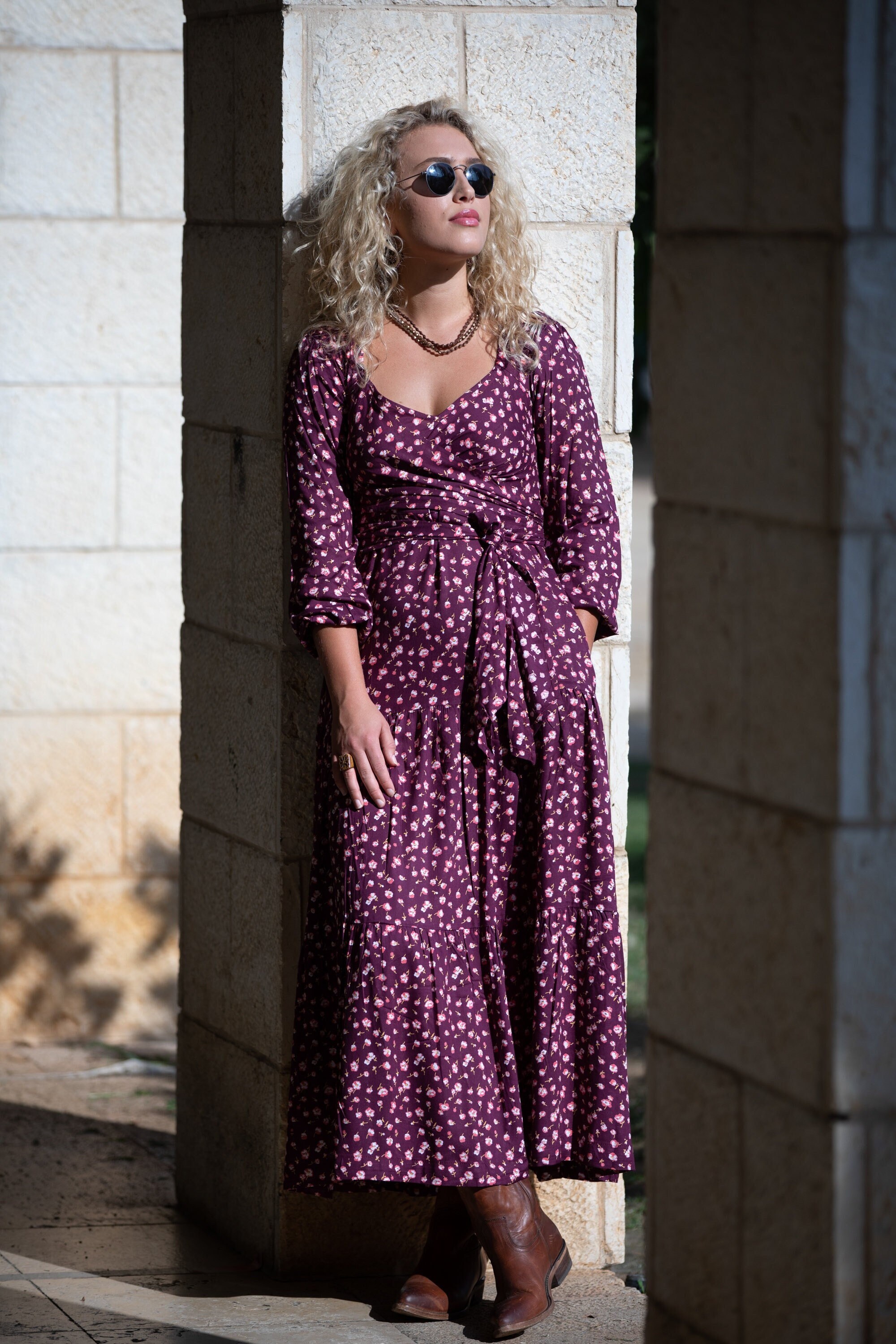 Anabella Women Plum Floral Winter Flared Maxi Dress, Romantic Wrap Dress for Day or Evening, Puffed Long Sleeves Tiered Maxi Dress for Women