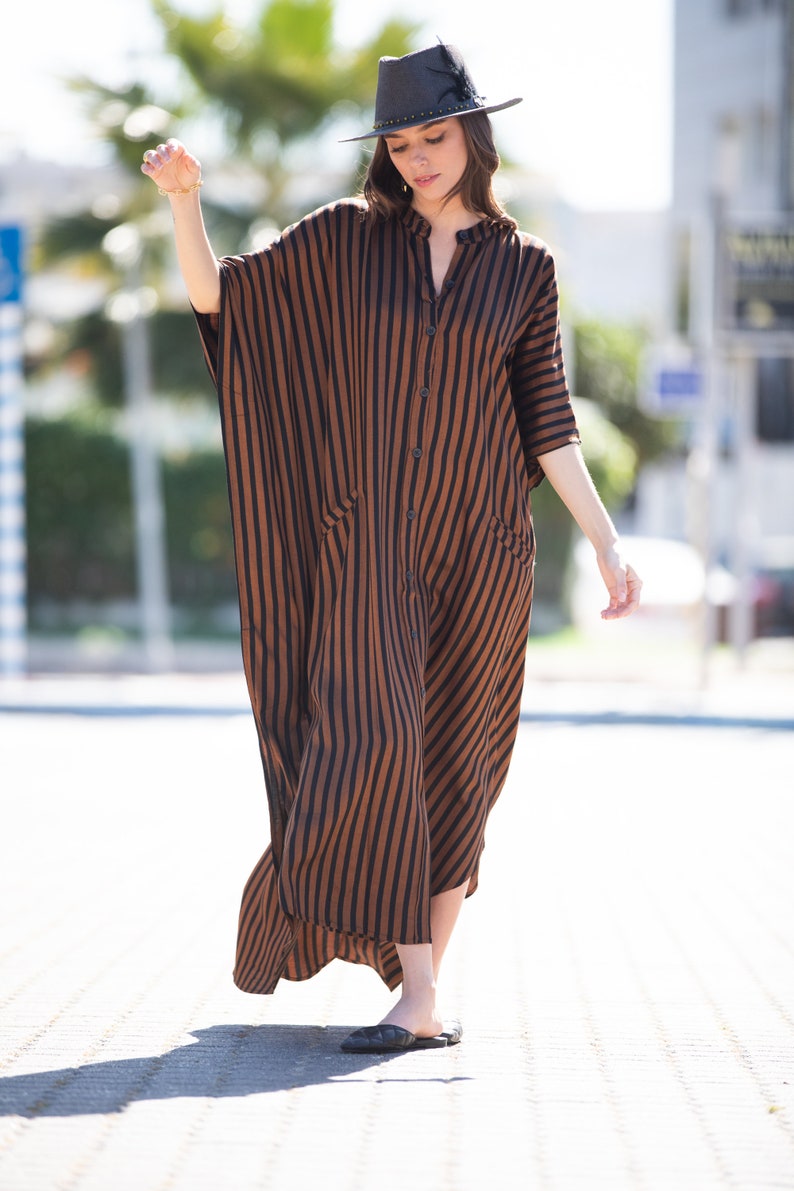 Brown Black Striped Oversize Summer Kaftan Dress, Bohemian Trendy Buttoned Down Caftan Maxi Dress with Pockets image 1