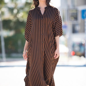 Brown Black Striped Oversize Summer Kaftan Dress, Bohemian Trendy Buttoned Down Caftan Maxi Dress with Pockets image 10