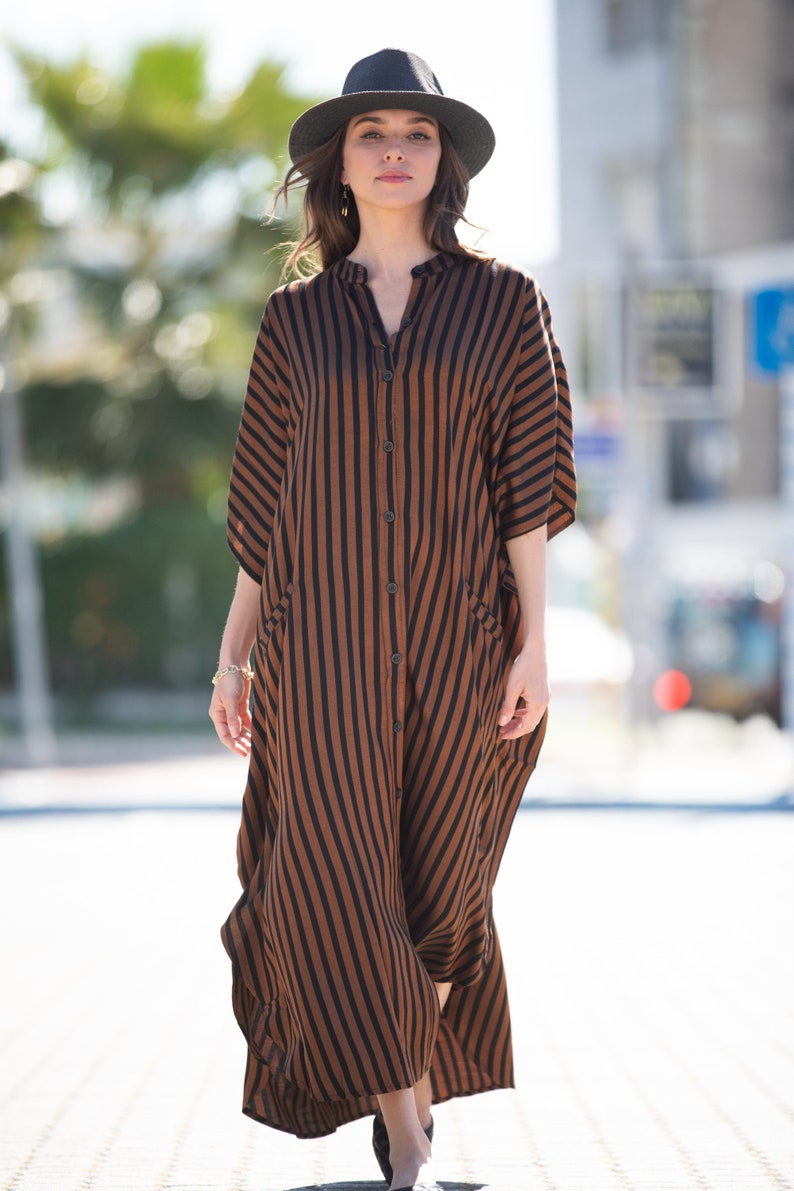 Brown Black Striped Oversize Summer Kaftan Dress, Bohemian Trendy Buttoned Down Caftan Maxi Dress with Pockets image 10