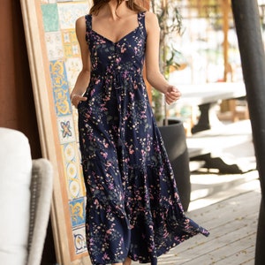 Dark Blue Floral Bohemian Summer Mid-Calf Dress, Sleeveless Isabella Circle Dress with Pockets, Fit and Flared High Waist Sundress image 2