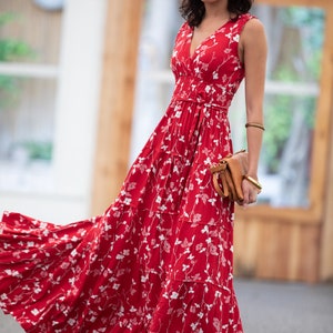 Dark Red Floral Boho Chic Summer Maxi Dress, Women Empire Waist Sundress, Every-Day / Special Occasion Sleeveless Ruffle Carrie Dress image 4