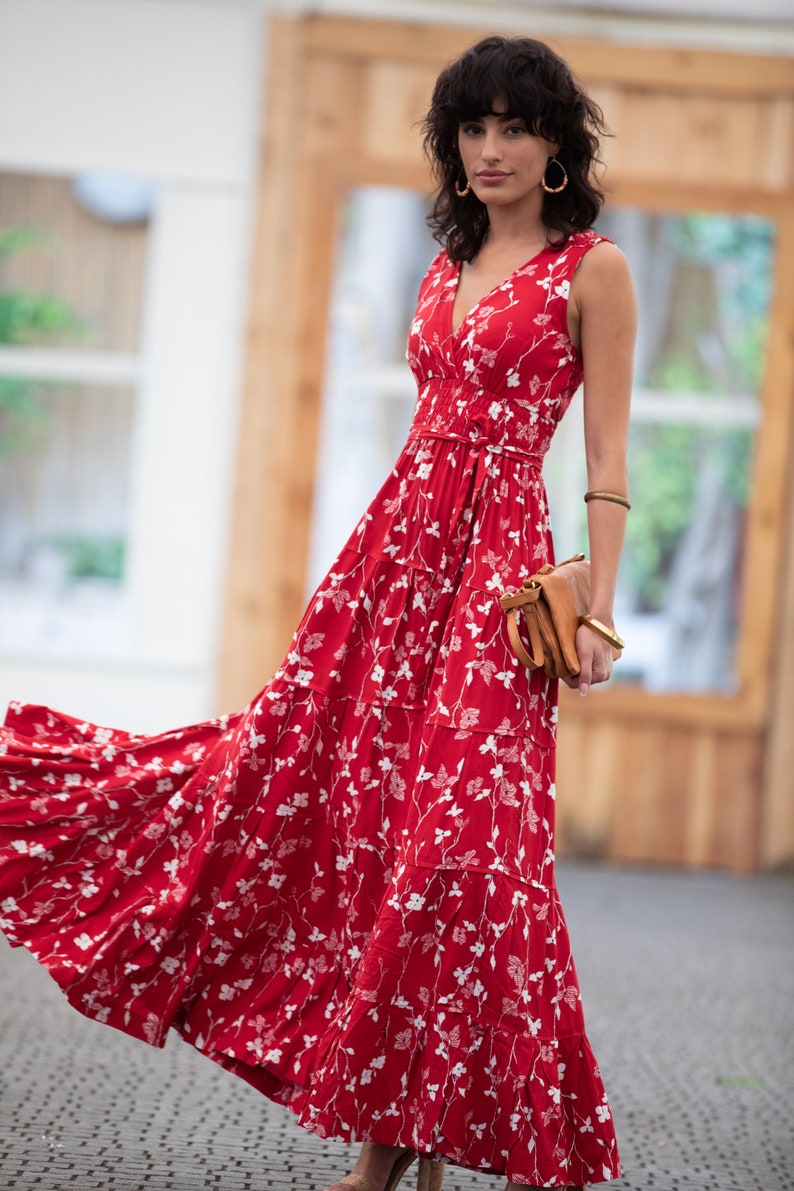 Dark Red Floral Boho Chic Summer Maxi Dress, Women Empire Waist Sundress, Every-Day / Special Occasion Sleeveless Ruffle Carrie Dress image 4