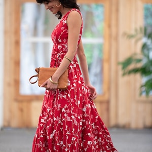 Dark Red Floral Boho Chic Summer Maxi Dress, Women Empire Waist Sundress, Every-Day / Special Occasion Sleeveless Ruffle Carrie Dress image 5