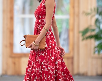 Red Floral Maxi Dress: Boho Sleeveless Rayon Sundress