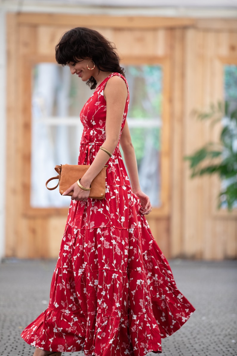 Dark Red Floral Boho Chic Summer Maxi Dress, Women Empire Waist Sundress, Every-Day / Special Occasion Sleeveless Ruffle Carrie Dress image 5