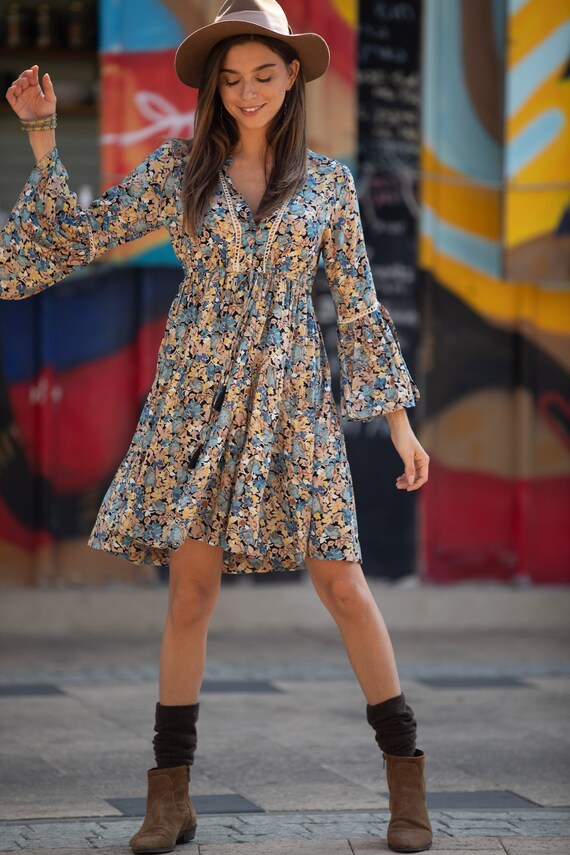 Beige Floral Bell Sleeves Flared Circle 