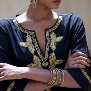 Boho Short Black and Gold Caftan, Black Moroccan Caftan, Gold Embroidery, Moroccan Kaftan Dress, Tunic Dress, Hippie Ethnic Woman's Dress image 5