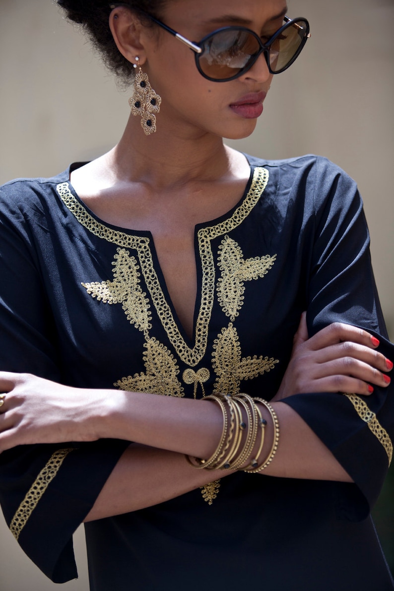 Boho Short Black and Gold Caftan, Black Moroccan Caftan, Gold Embroidery, Moroccan Kaftan Dress, Tunic Dress, Hippie Ethnic Woman's Dress image 5