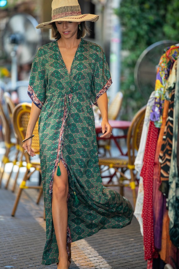 Green Silky Kaftan Summer Dress Women 