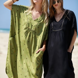 Lime Green Gold Oversize Caftan Dress, Ethnic Beach Resort Summer Dress, Boho Loose Petra Charterause Mid-Calf Dress, Plus Size Dress image 6