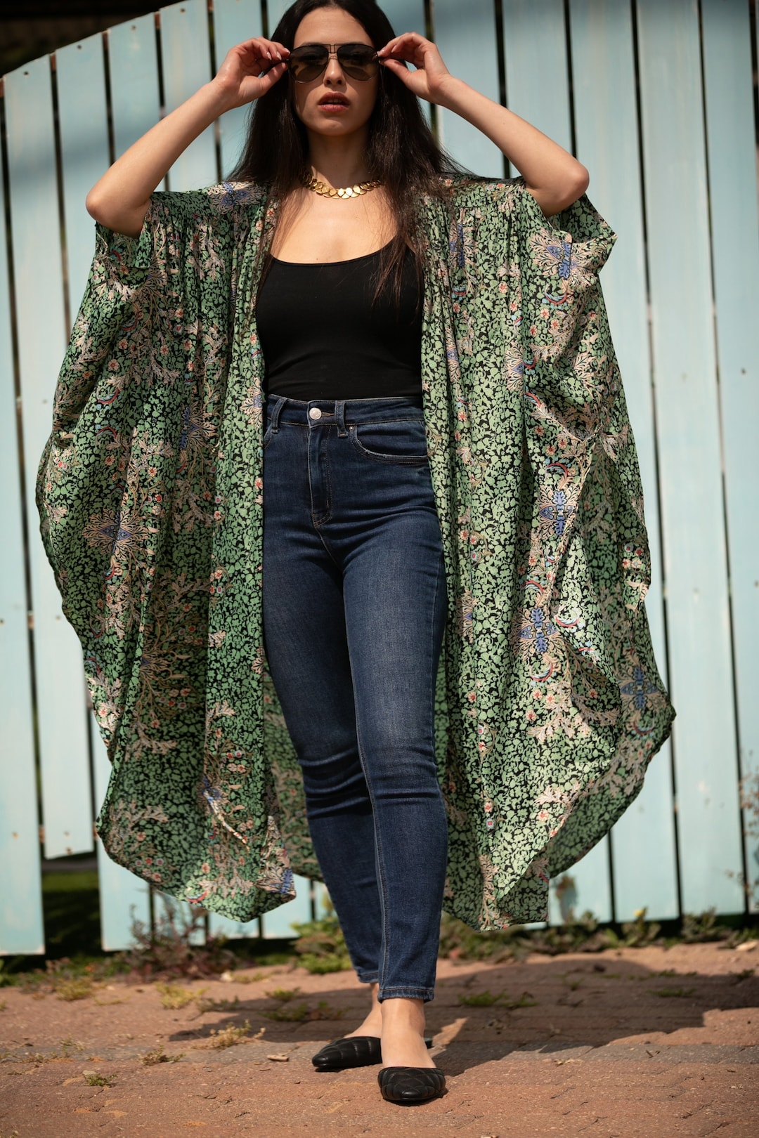 Women Green & Gold Sparkly Kimono Robe, Boho Chic Oversize Cardigan Top