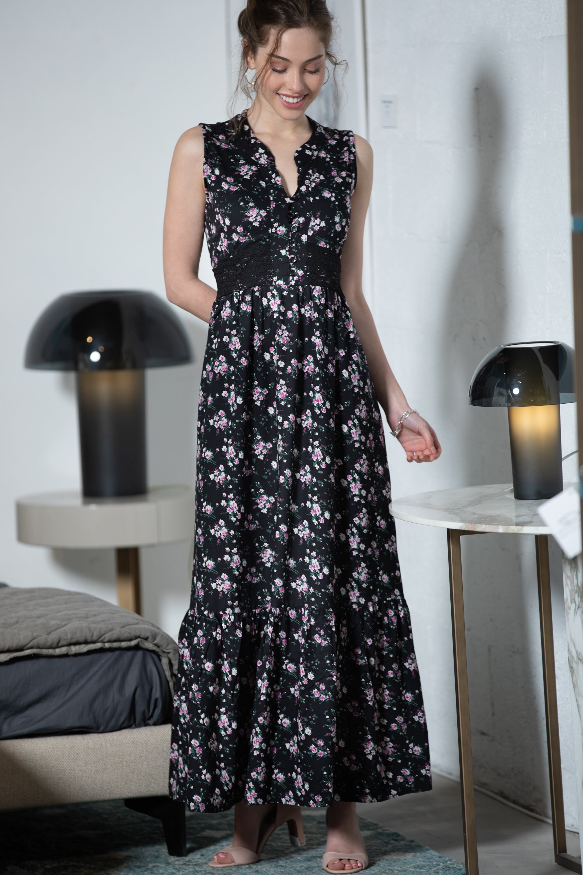 Vestito Lungo Donna Stile Impero Nero, Senza Spalline, Elegante