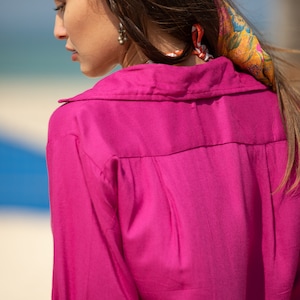 Fuchsia Pink Oversize Beach Tunic Shirt Dress, Long Sleeves Beach Cover Up Dress, Boyfriend Shirt for Women, Women Vacation Resort Dress image 8